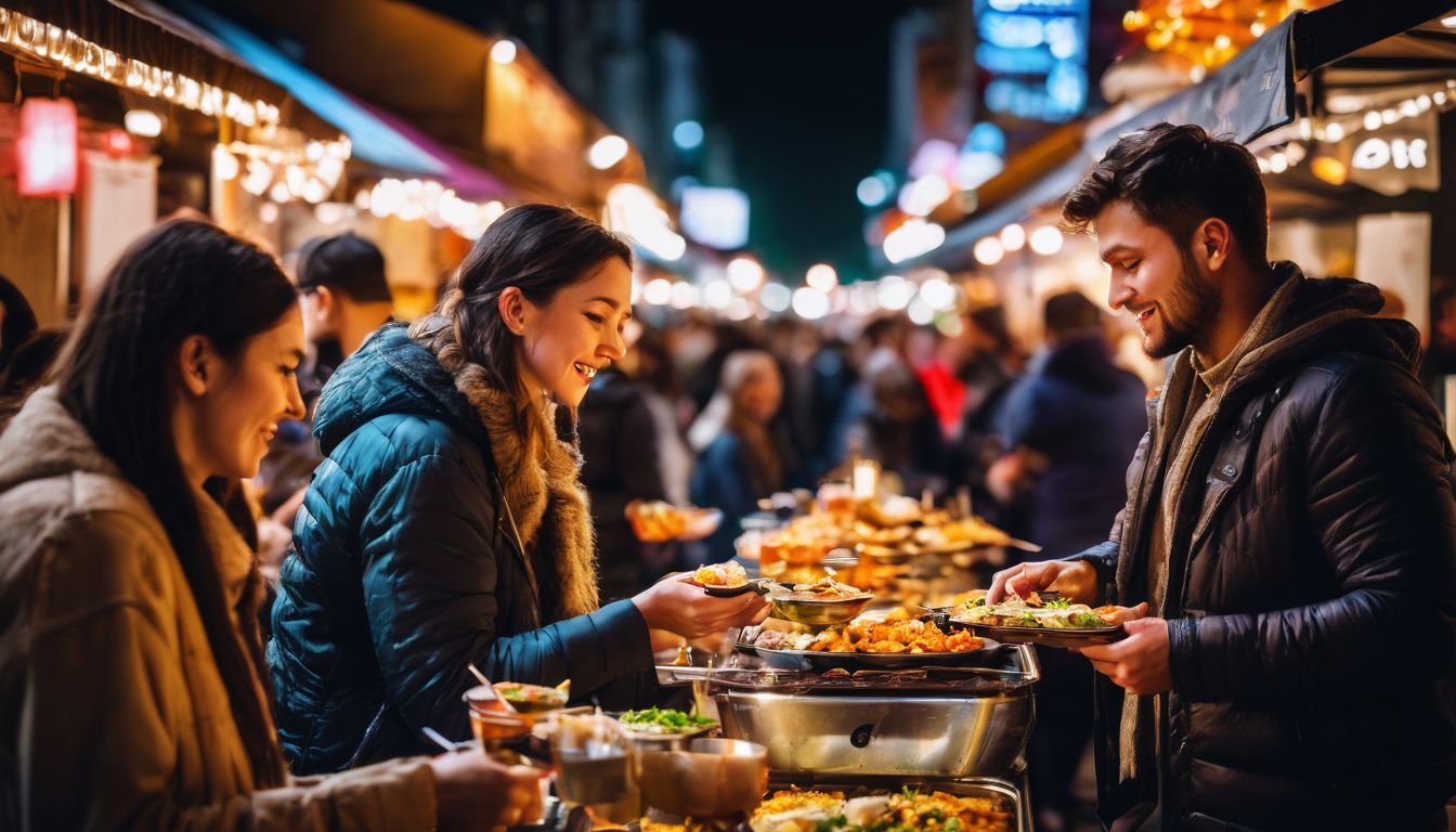 People enjoying street food in a bustling city district with a vibrant atmosphere and diverse individuals.