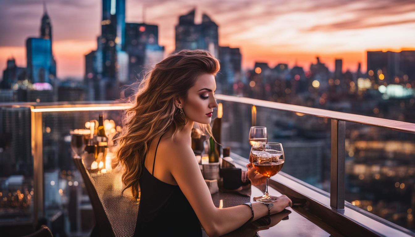A photo of Hotel Glamour's rooftop bar with a stunning view of the city skyline.