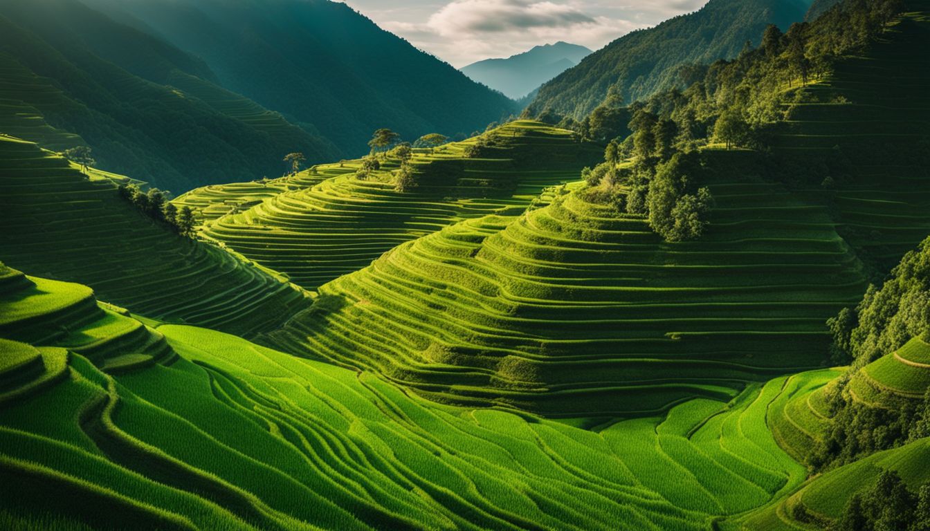 A vibrant photo of rice terraces surrounded by mountains with varied people, outfits, and hairstyles.