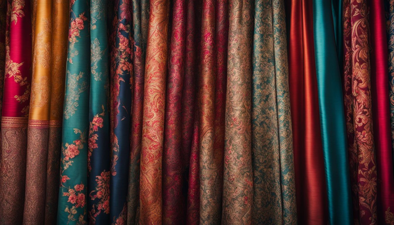 A photo of silk fabric with traditional Vietnamese patterns displayed in a bustling market.