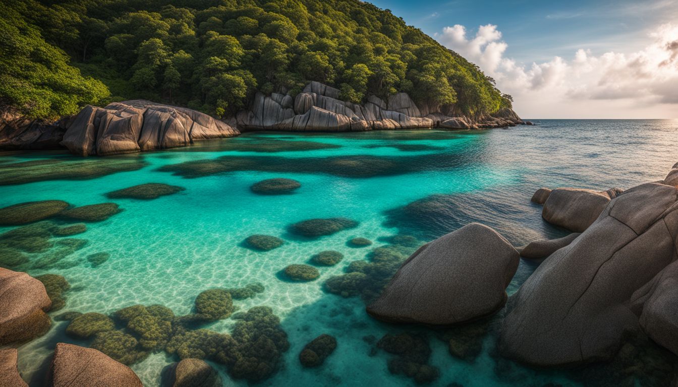 The photo showcases the stunning clear blue waters, vibrant coral reefs, and diverse marine life of the Similan Islands.