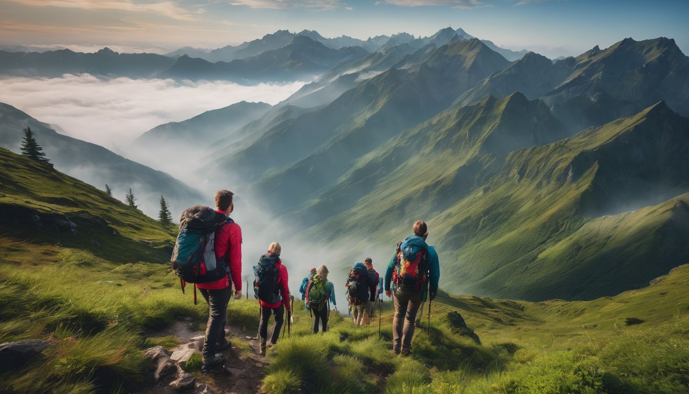 A diverse group of hikers enjoying a misty mountain landscape with lush green surroundings.
