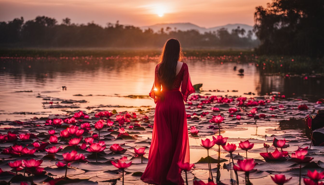 A woman walks along the shores of Red Lotus Lake, capturing the vibrant colors of lotus flowers at sunset.