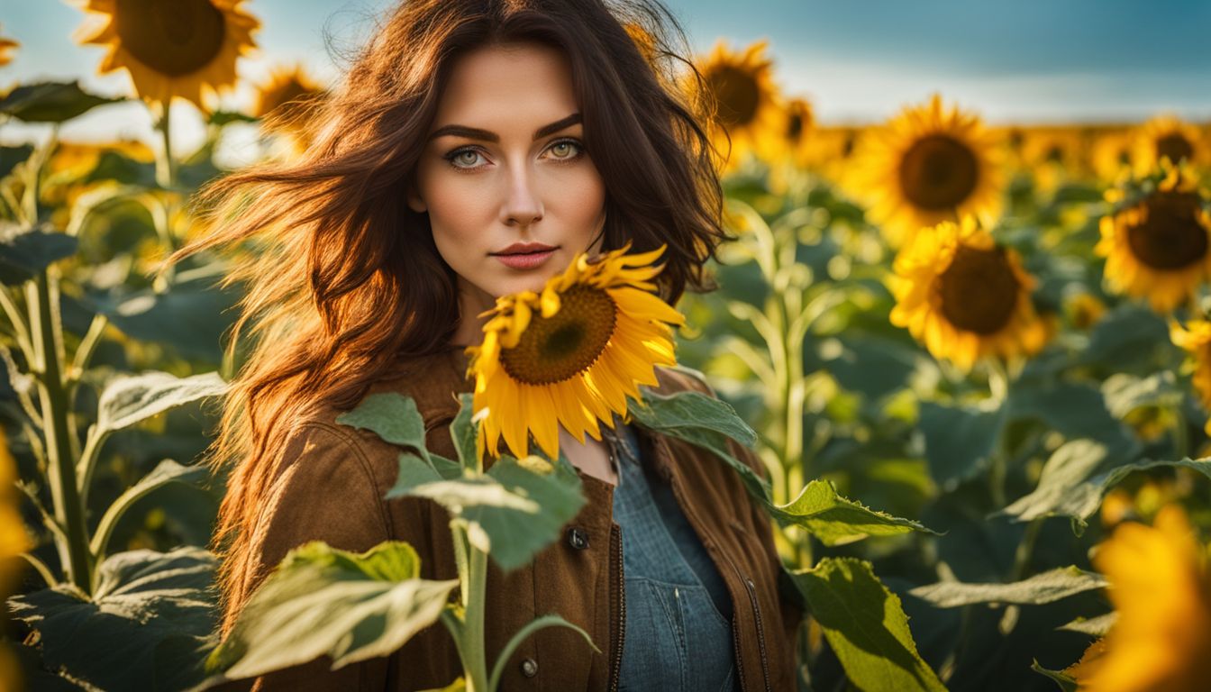 A woman explores a vibrant field of blooming sunflowers with different poses and outfits.