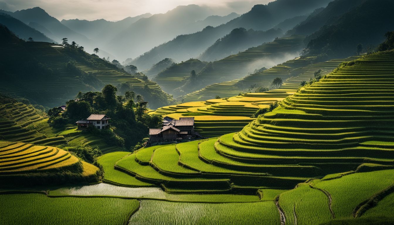 A picturesque landscape of rice fields in Sapa with misty mountains in the background.