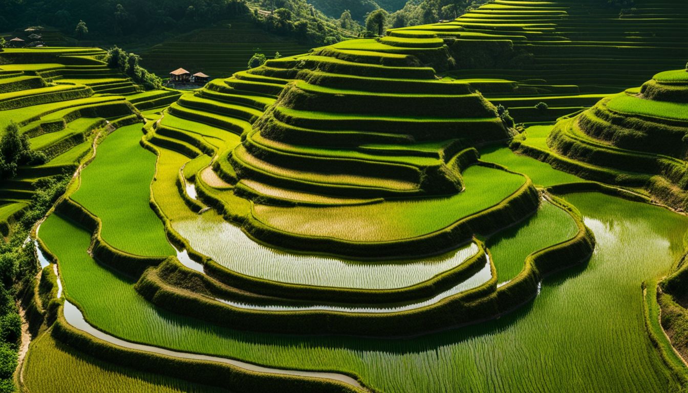This is a photo of vibrant rice terraces in Vietnam with diverse people in different outfits and hairstyles.