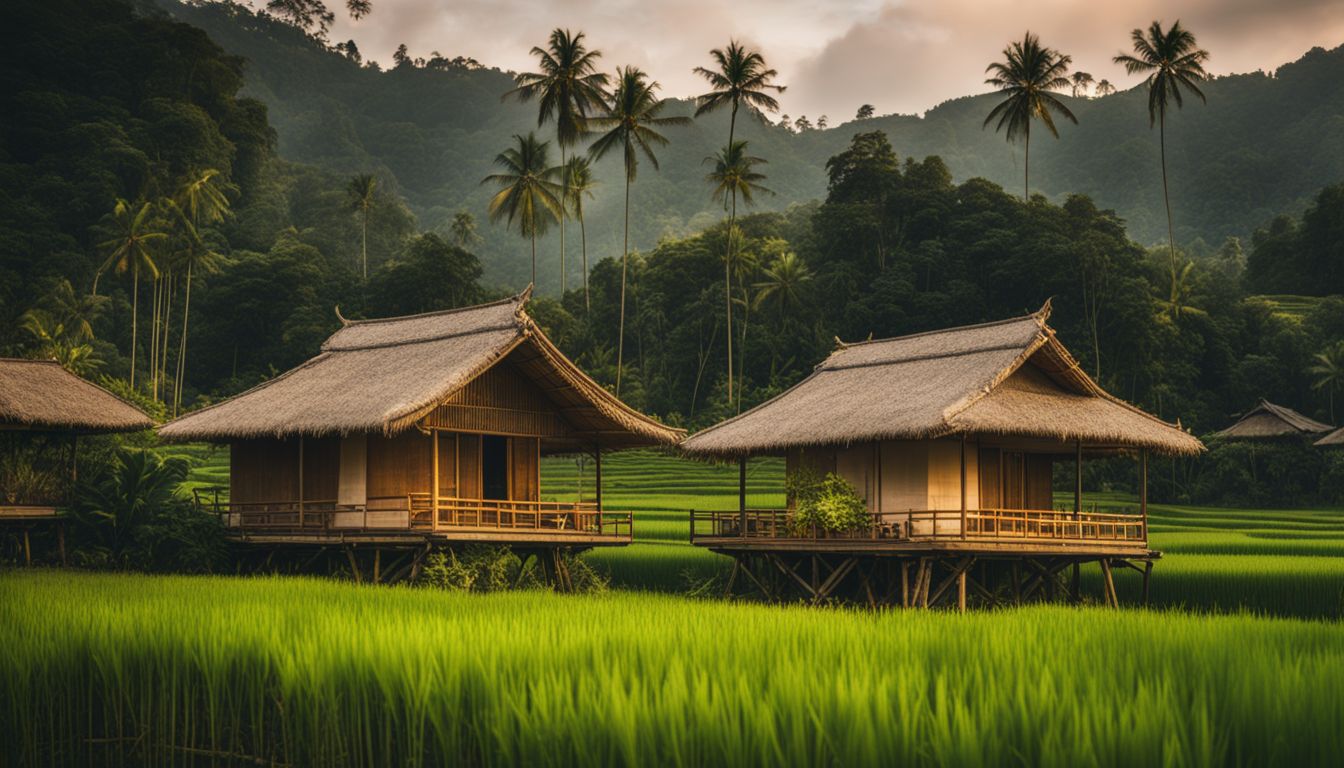 A peaceful bamboo bungalow nestled among lush rice fields showcasing a variety of faces, hair styles, and outfits.