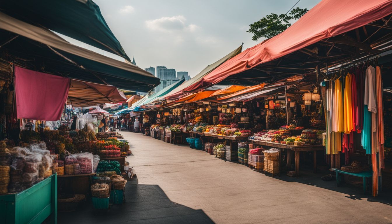A vibrant row of market stalls in Bangkok, featuring diverse people and colorful outfits.