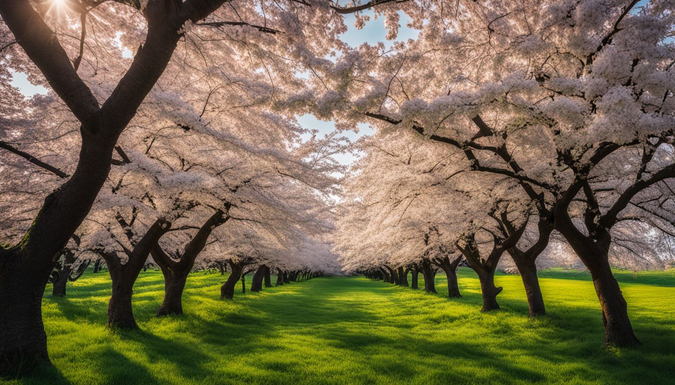 A captivating photo of cherry blossoms in full bloom, surrounded by vibrant green fields.