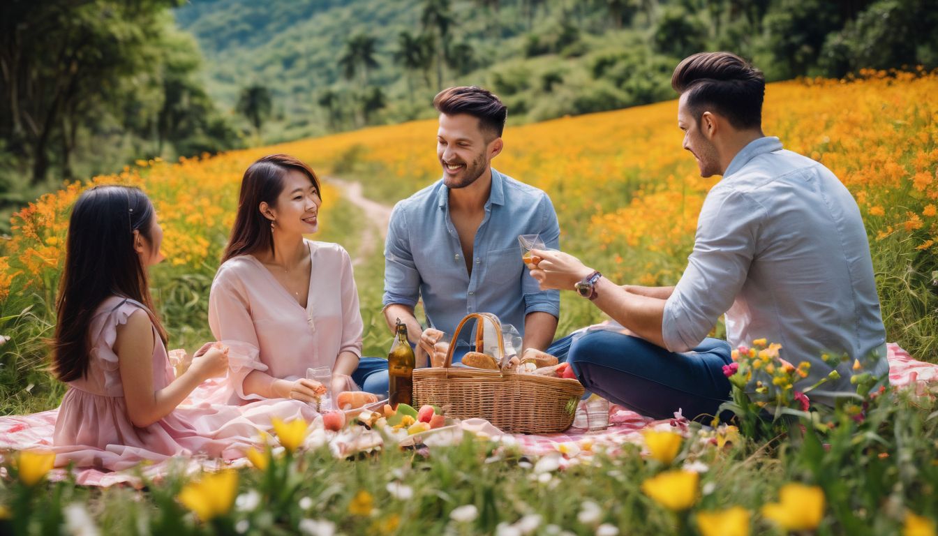 A family enjoys a picnic amidst blooming flowers in Khao Yai, creating a vibrant and lively atmosphere.