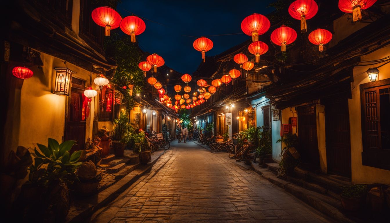 A captivating night view of lantern-lit alleyways in the historic city of Hoi An, featuring a bustling atmosphere and diverse individuals.