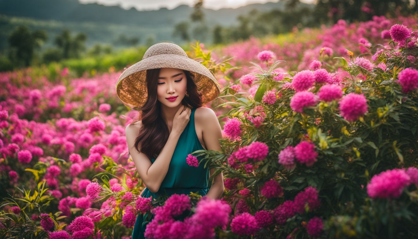 A vibrant photo of blooming flowers in the Vietnamese countryside with a diverse group of people.