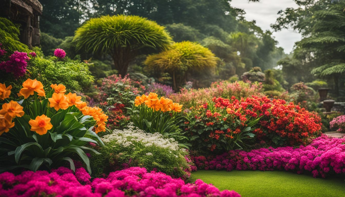 A vibrant Vietnamese garden filled with colorful flowers in full bloom, captured with professional photography equipment.