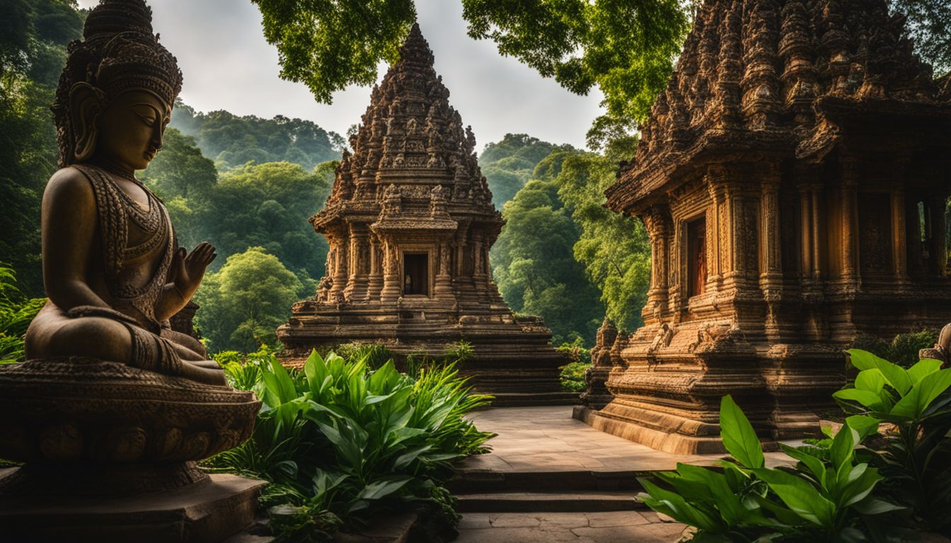 A temple adorned with statues of Hindu and Buddhist deities surrounded by lush gardens and a bustling atmosphere.