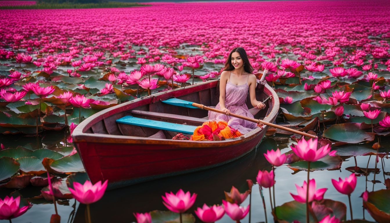 A vibrant boat floats on Red Lotus Lake surrounded by pink lotus flowers in a bustling atmosphere.