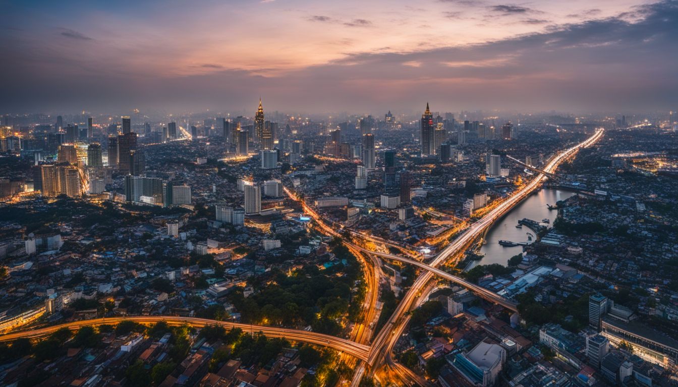 An aerial view of Bangkok cityscape with airplanes flying in the sky, showcasing the bustling atmosphere and diverse individuals.