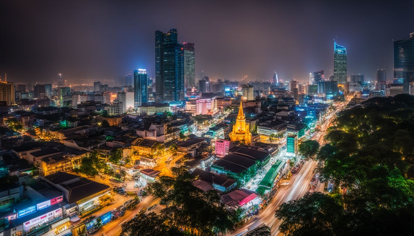 A vibrant cityscape of Ho Chi Minh City at night with bustling streets and bright lights.