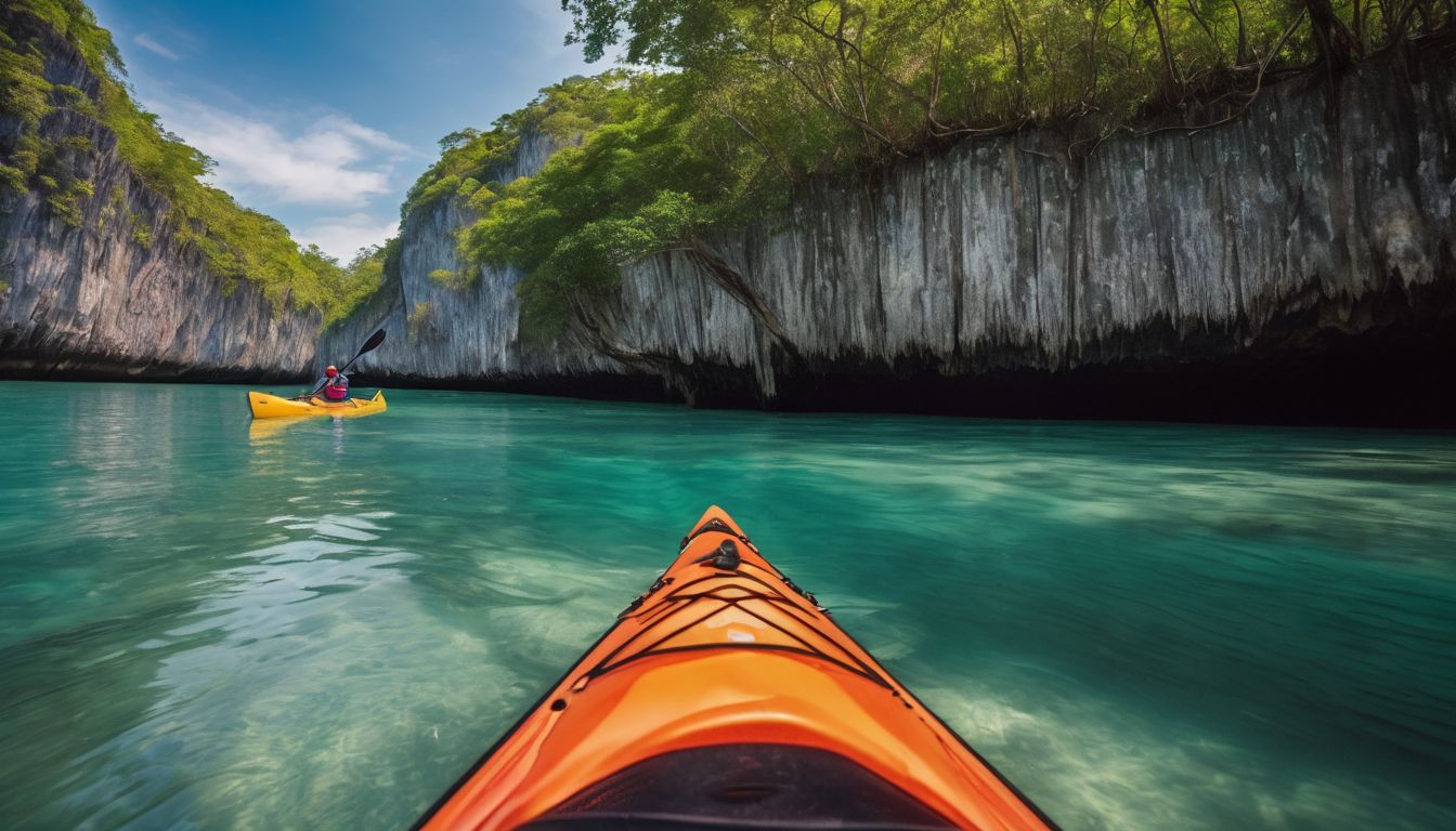 A group of friends kayaking through stunning limestone cliffs and mangrove forests in Krabi.