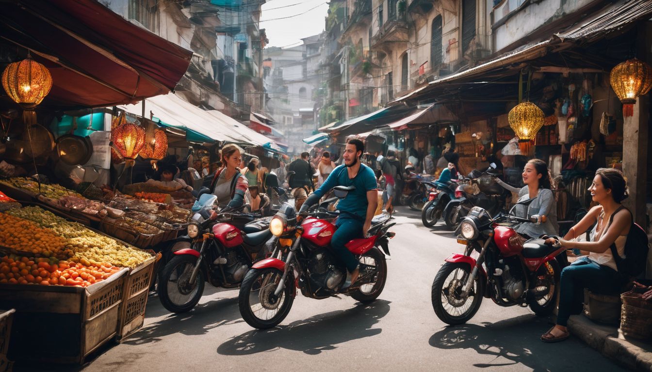 A group of backpackers on motorbikes exploring a local street market.