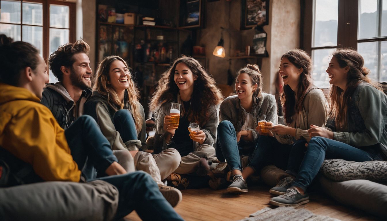 A diverse group of backpackers laughing together at a hostel, captured in a vibrant and energetic photograph.
