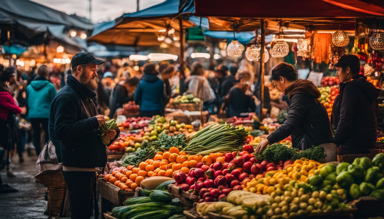 A vibrant local market filled with a variety of fresh produce and street food stalls.