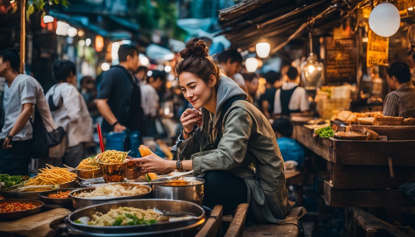 A backpacker enjoys local street food surrounded by Vietnamese locals in a bustling atmosphere.