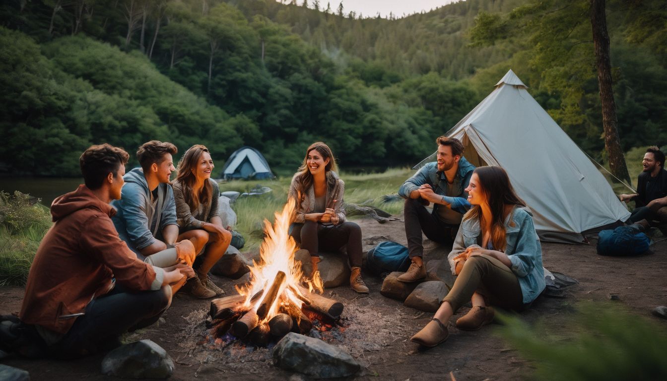 A diverse group of friends enjoying a campfire surrounded by nature.