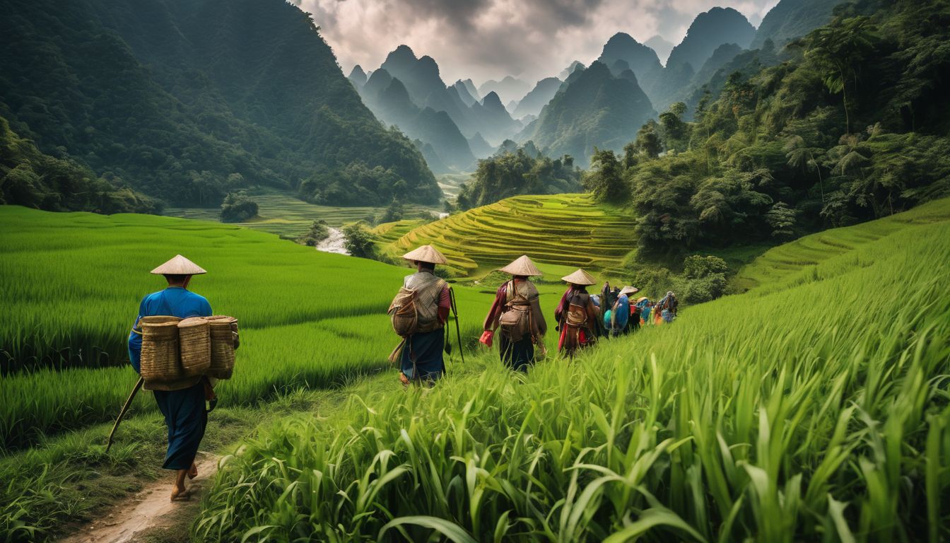 A diverse group of local tribespeople hike through the beautiful landscape of Cao Bang.