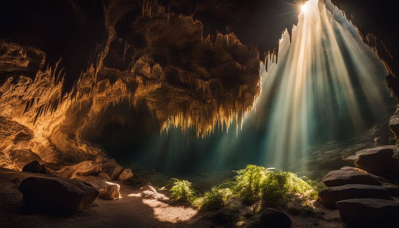 A stunning photo capturing the beauty of sunlight illuminating a narrow cave filled with stalactites and stalagmites.