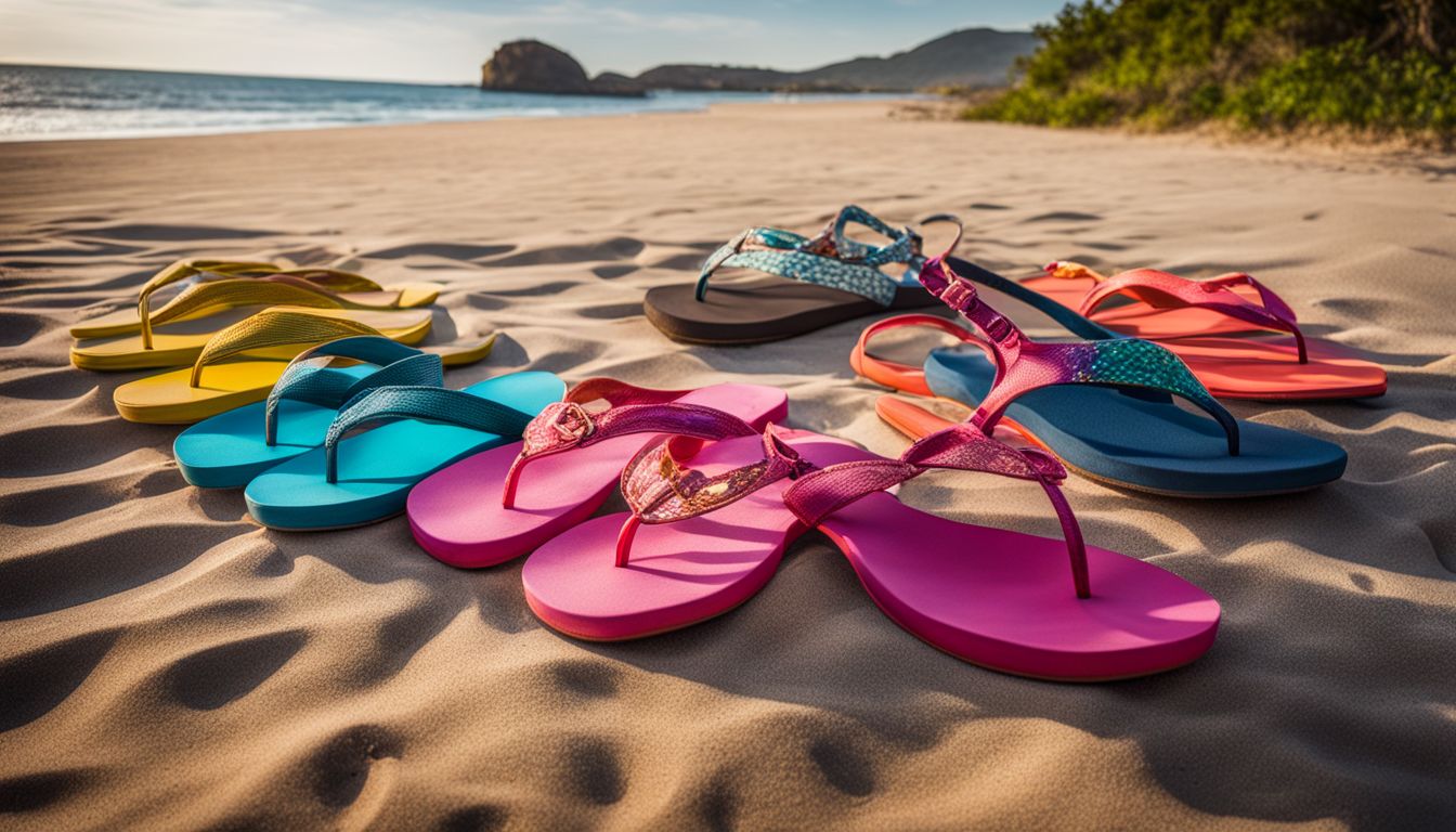 A colorful display of thong sandals on a sandy beach with the ocean waves in the background.