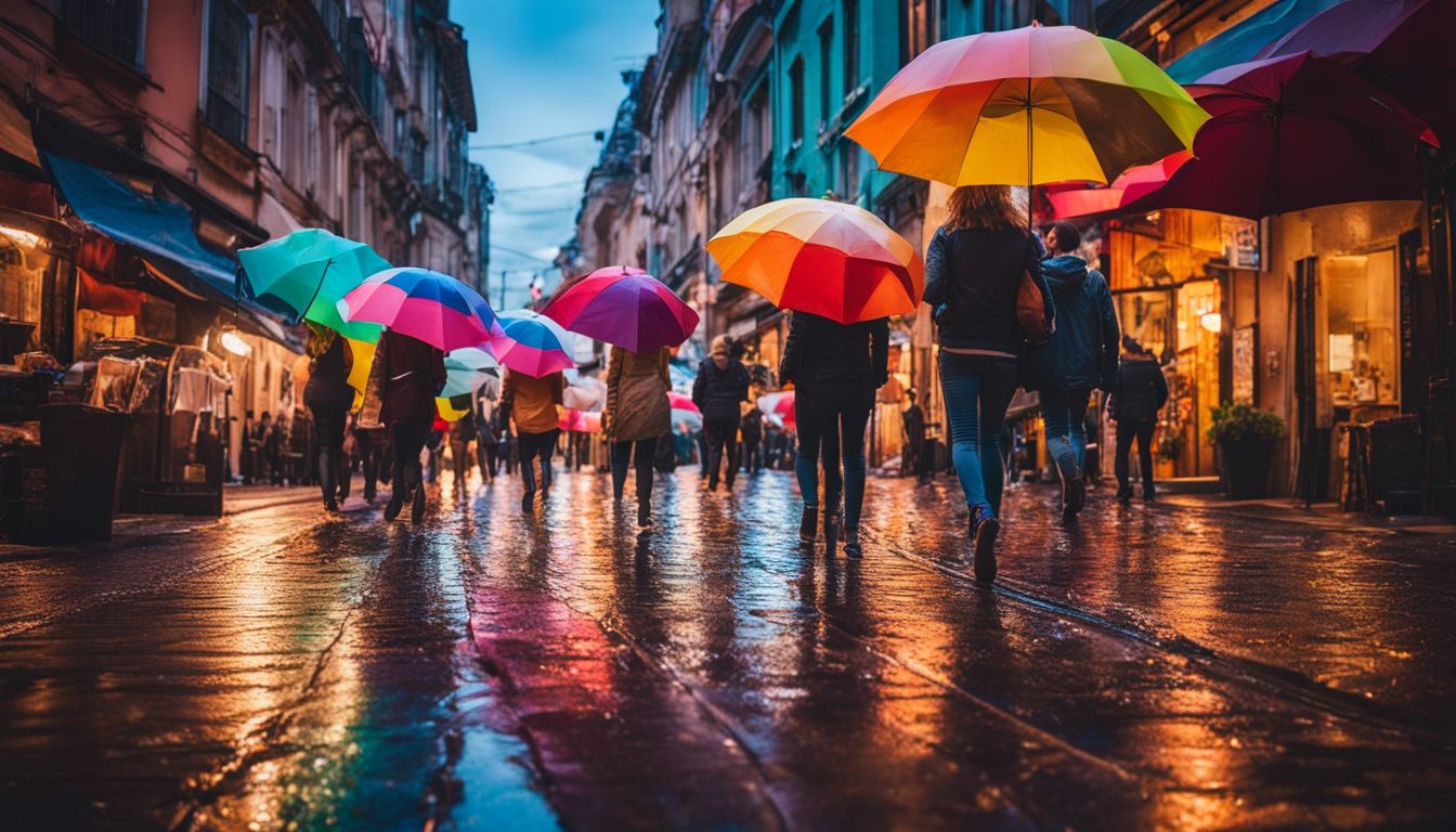 A vibrant city street with colorful umbrellas and bustling atmosphere captured in vivid detail.