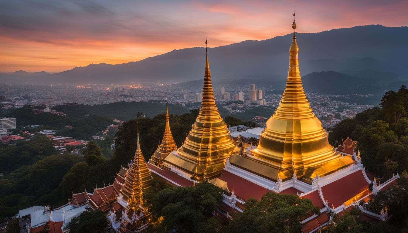 A stunning photograph captures the Wat Phra That Doi Suthep at sunrise, showcasing its beauty and bustling atmosphere.
