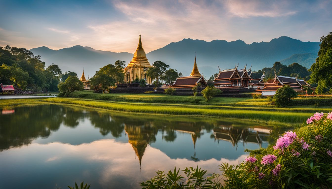 A picturesque riverside view of Chiang Mai with mountains and historical temples, captured in stunning detail.