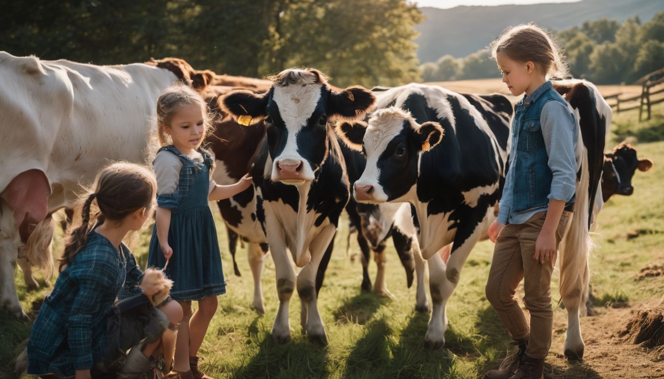A group of children interact with cows on a picturesque farm in a bustling atmosphere.
