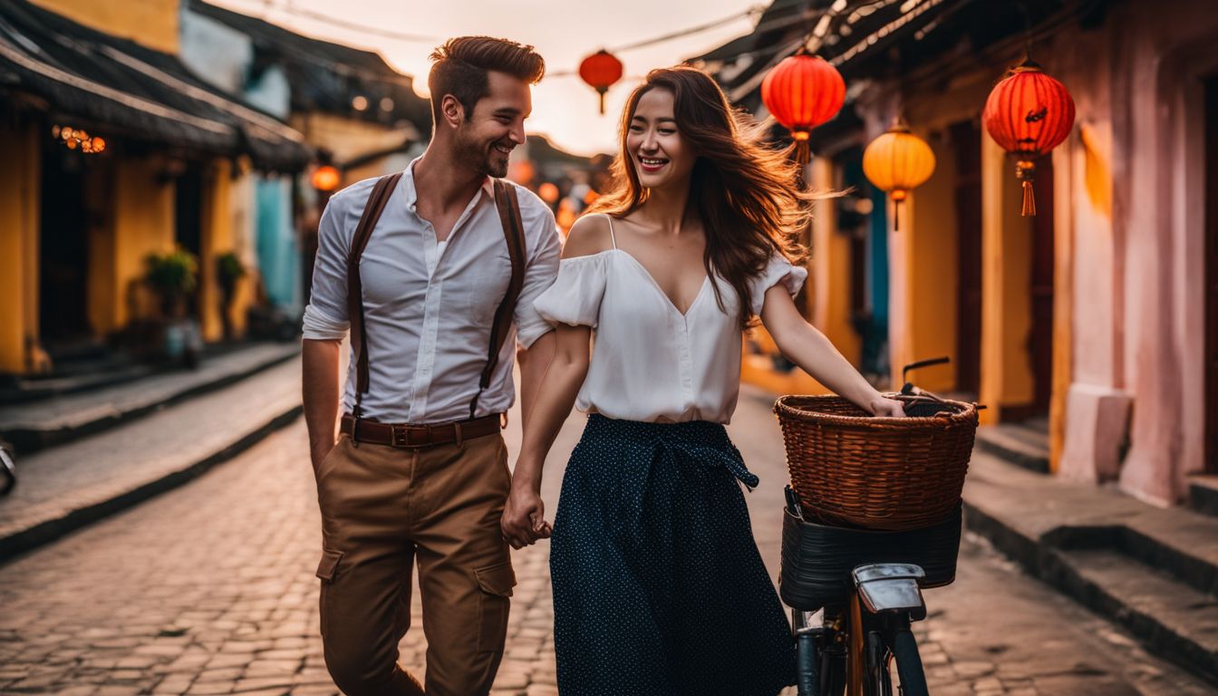 A young couple explores the vibrant streets of Hoi An at sunset.