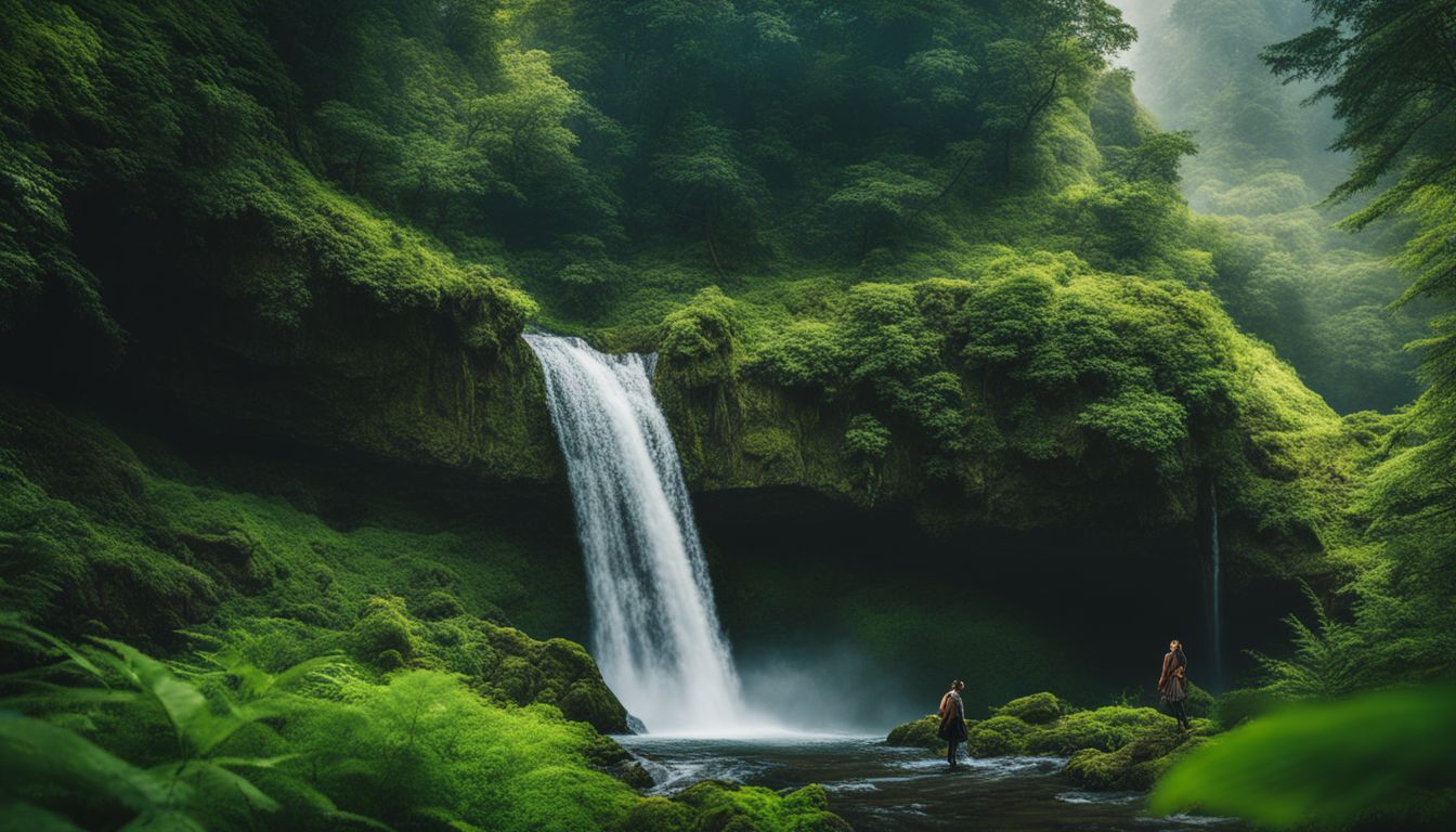 A serene waterfall surrounded by lush greenery, captured with a high-quality camera for a stunning visual experience.
