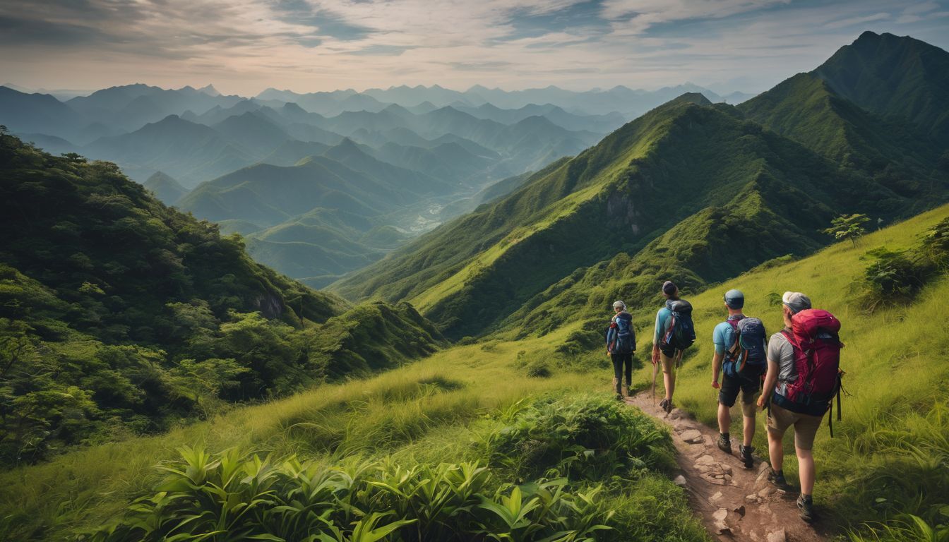 A diverse group of hikers on Chua Chan Mountain enjoying the lush greenery and picturesque views.