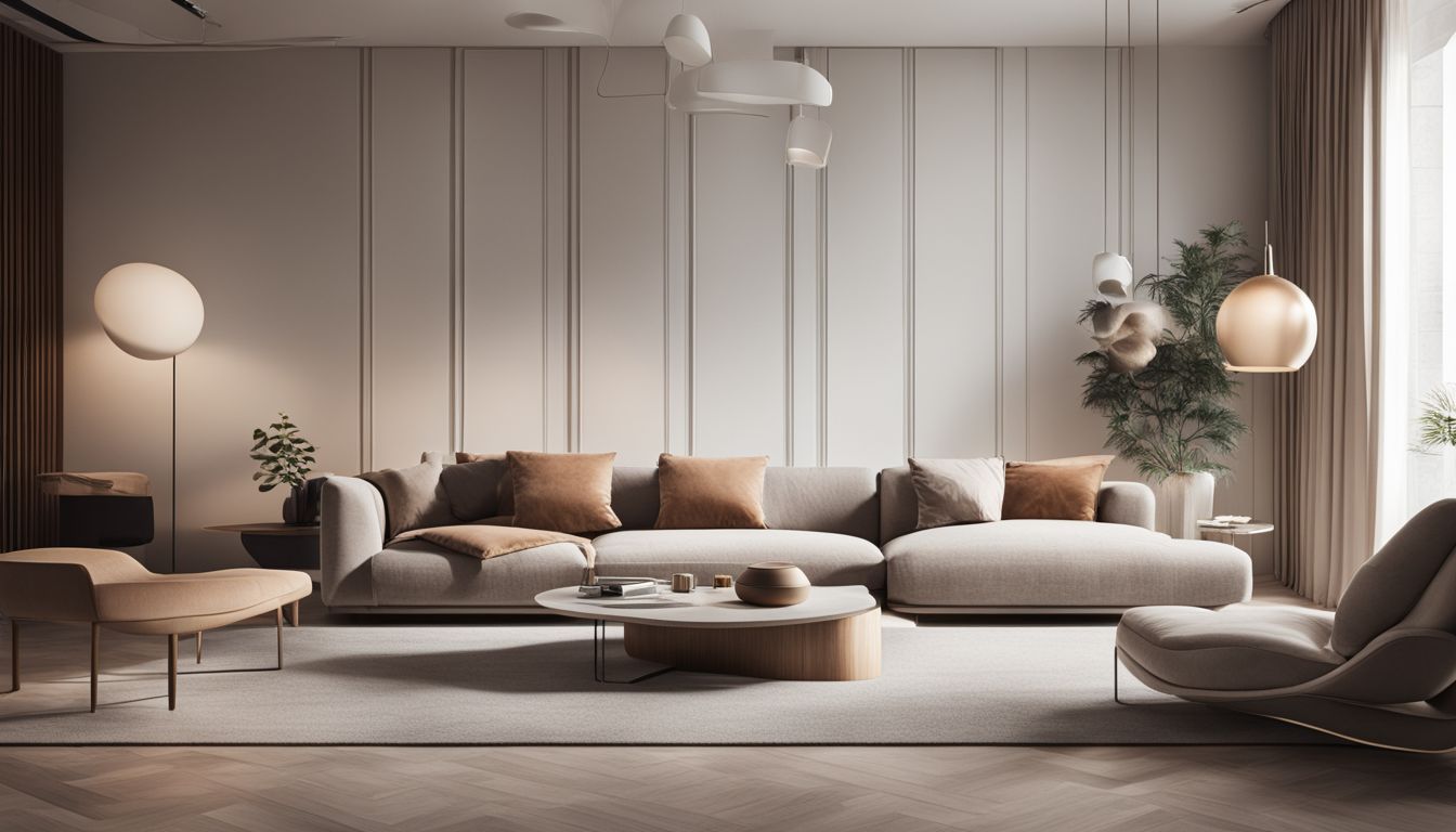 A minimalist interior with sleek furniture and a neutral color palette featuring people with diverse faces, hairstyles, and outfits.