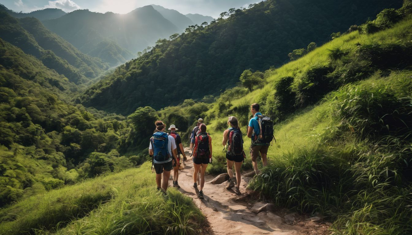 A diverse group of friends hiking in the mountains of Chiang Mai during the cool and dry season.