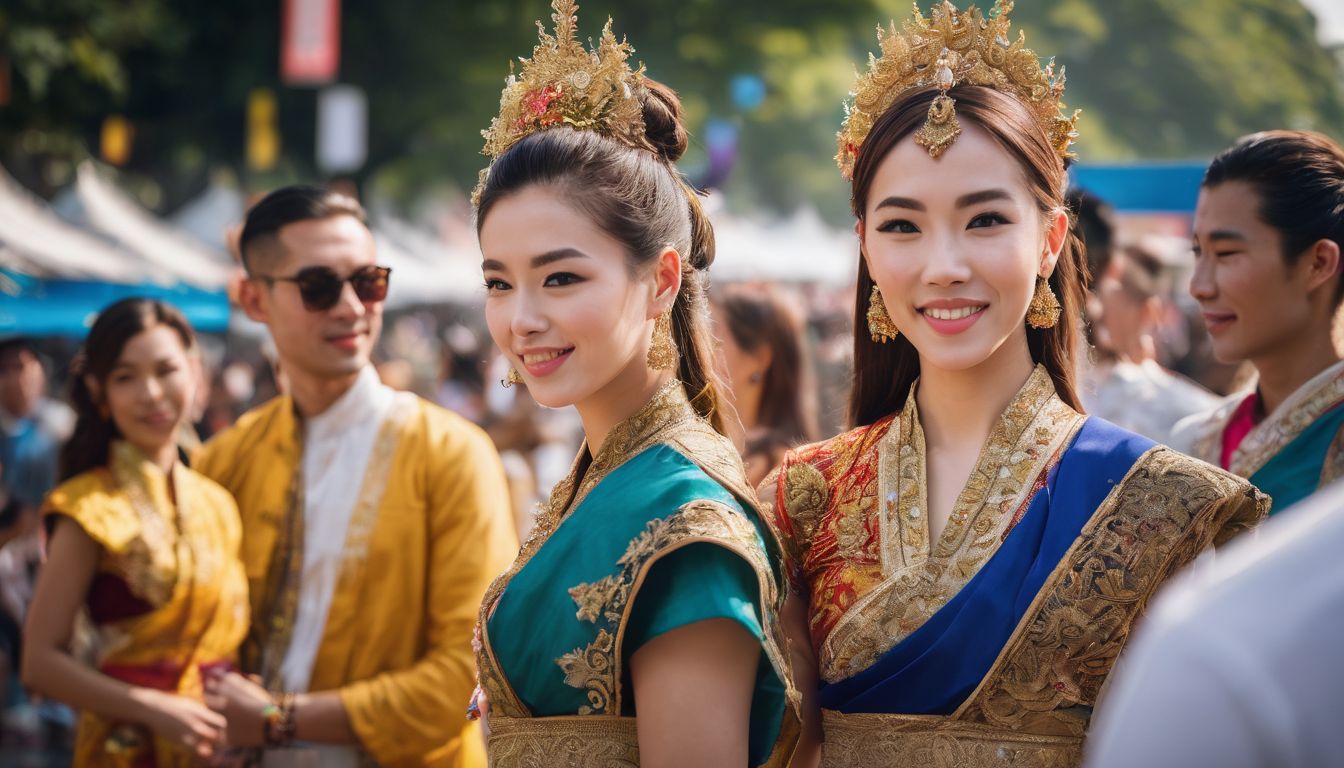 A diverse group of people in vibrant traditional Thai clothing enjoy an outdoor festival.