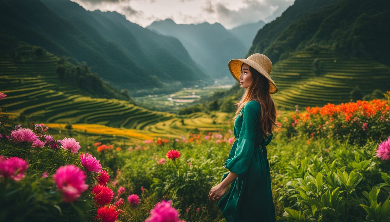 A young woman exploring a vibrant Vietnamese valley surrounded by flowers and mountains.