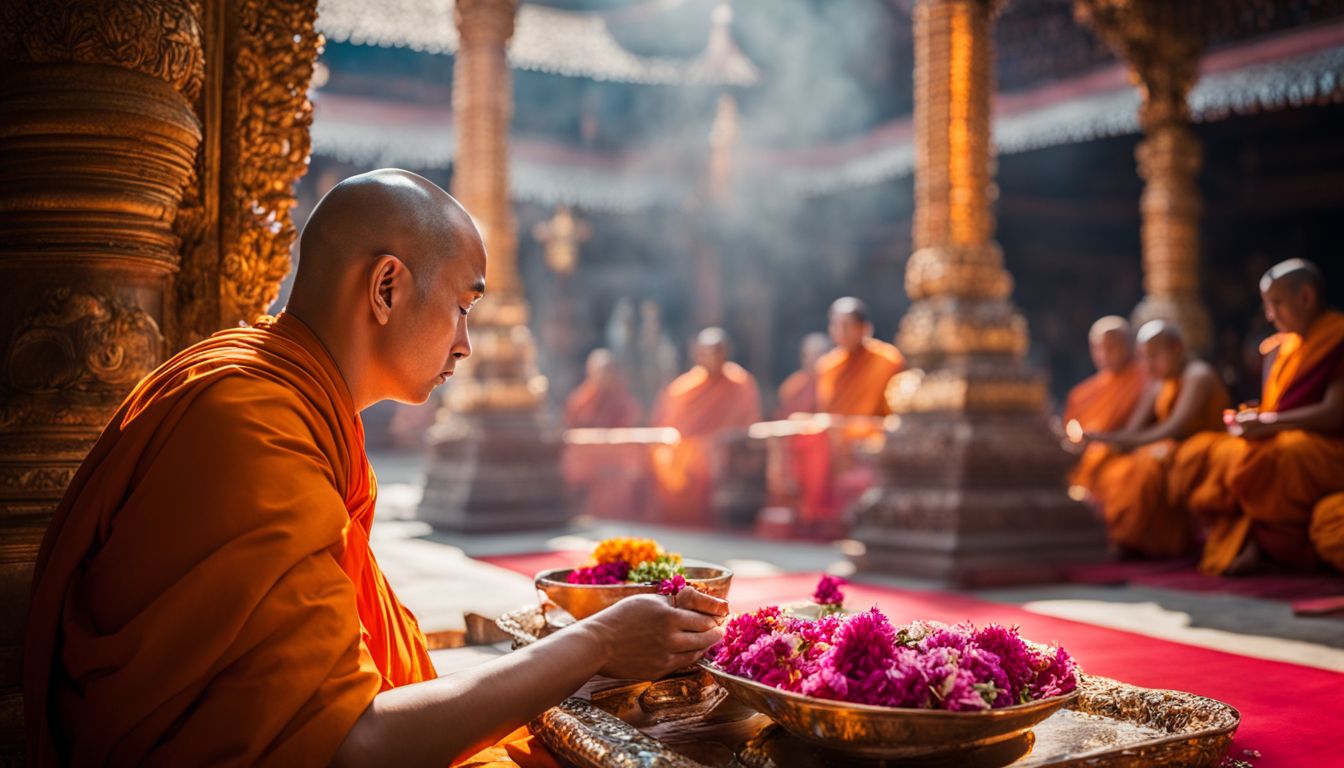 A Buddhist monk and Hindu devotees come together in prayer at a temple, capturing religious coexistence.