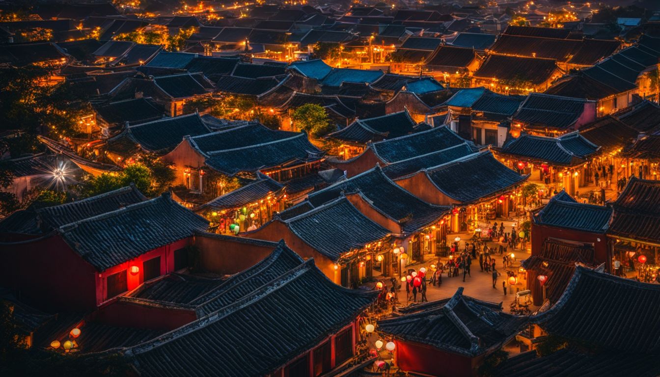 A picturesque sunset over the vibrant streets of Hoi An, adorned with colorful lanterns and bustling with activity.