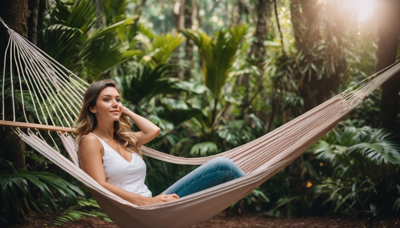 A person relaxes in a hammock surrounded by lush greenery in a vibrant outdoor setting.