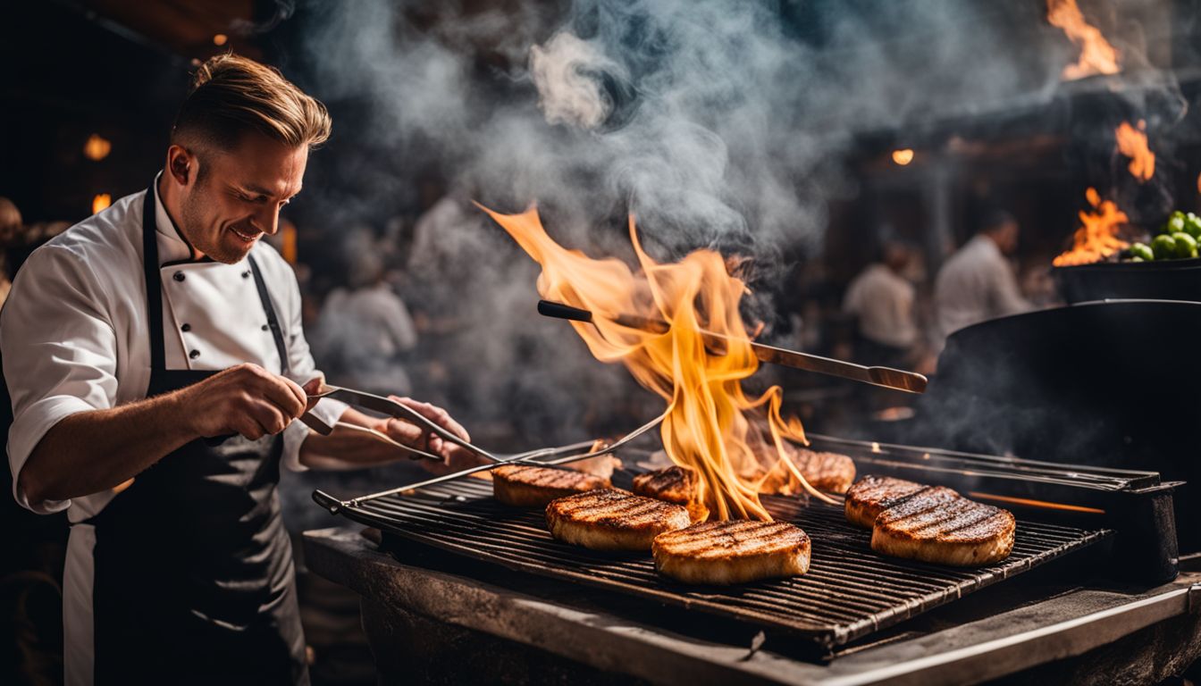 A chef grilling food with tongs in a busy and fiery atmosphere, captured in a high-quality photo.