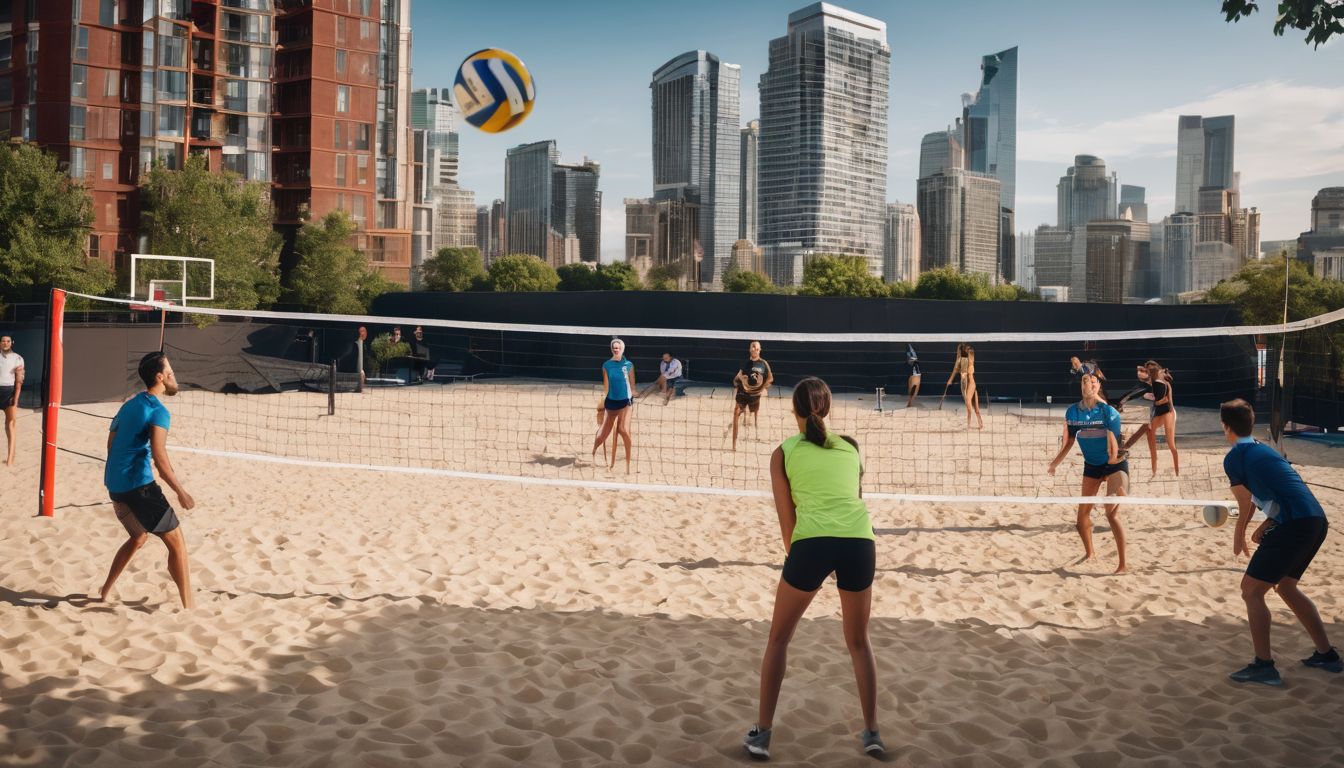 People playing volleyball in a lively communal sports area, captured in high-quality resolution.