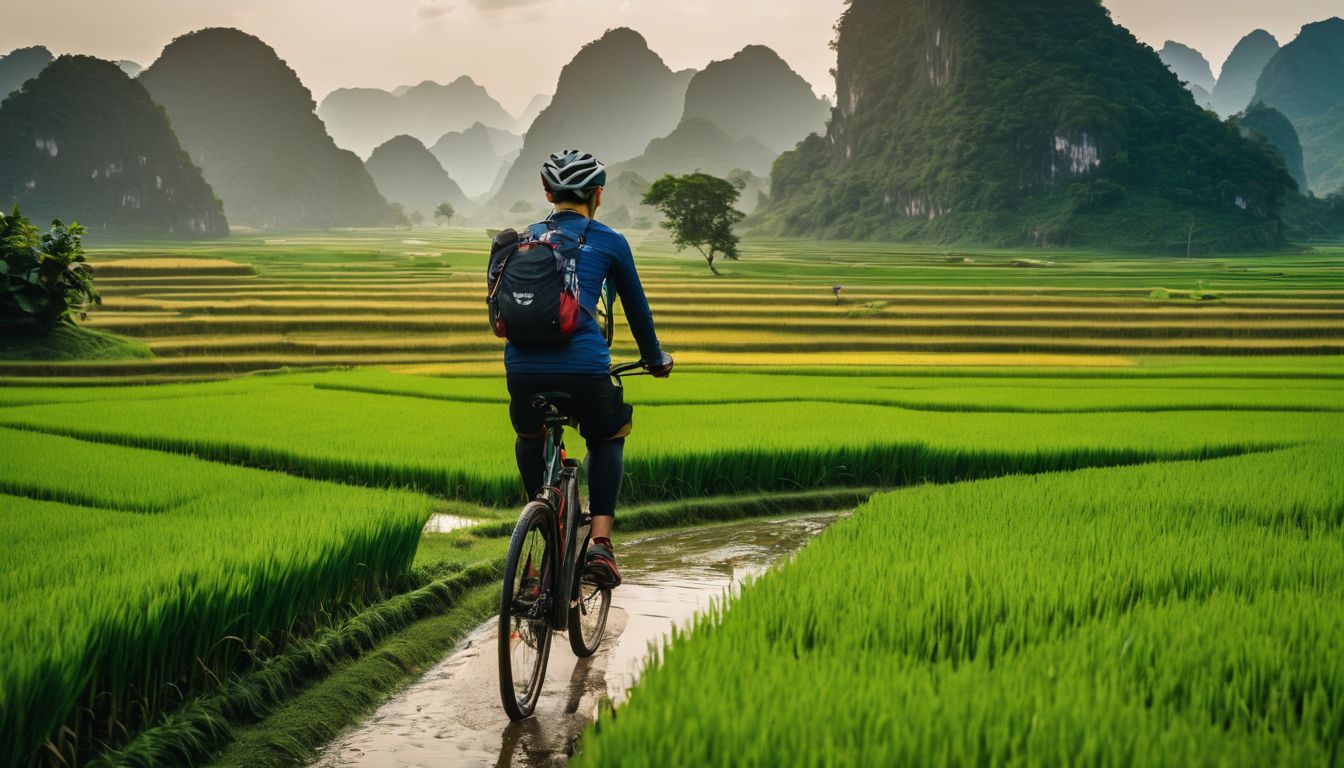 A person cycling through lush green rice fields in Ninh Binh, capturing the bustling atmosphere with a wide-angle lens.