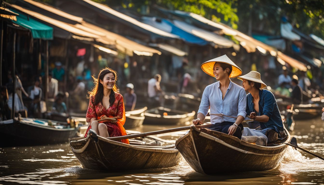 A couple explores the vibrant floating markets of the Mekong Delta in Vietnam.