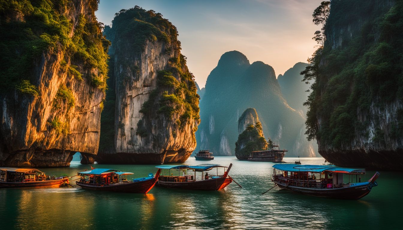 A vibrant sunrise over Ha Long Bay with diverse people, capturing the beauty of nature with professional photography equipment.
