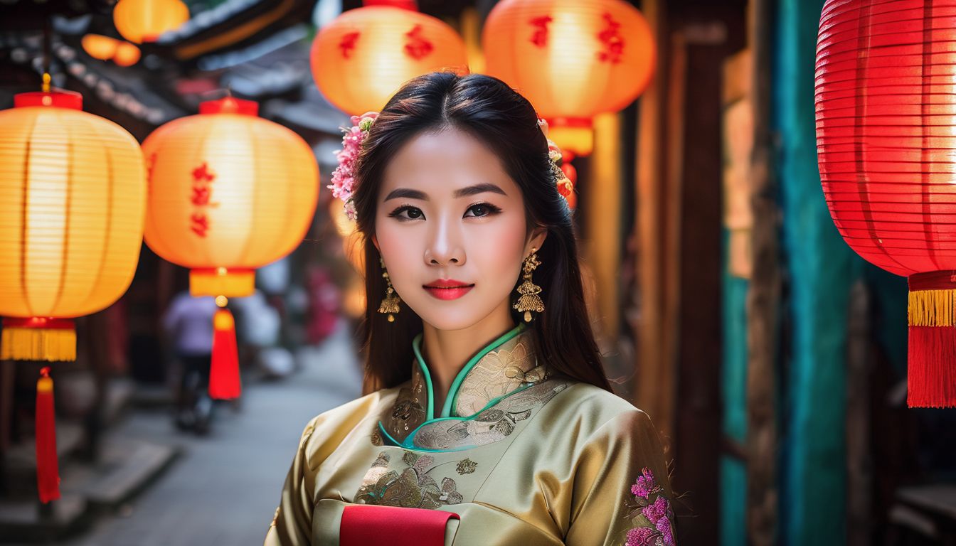 A traditional Vietnamese woman in an ao dai dress stands in front of a colorful lantern-filled Hoi An street.